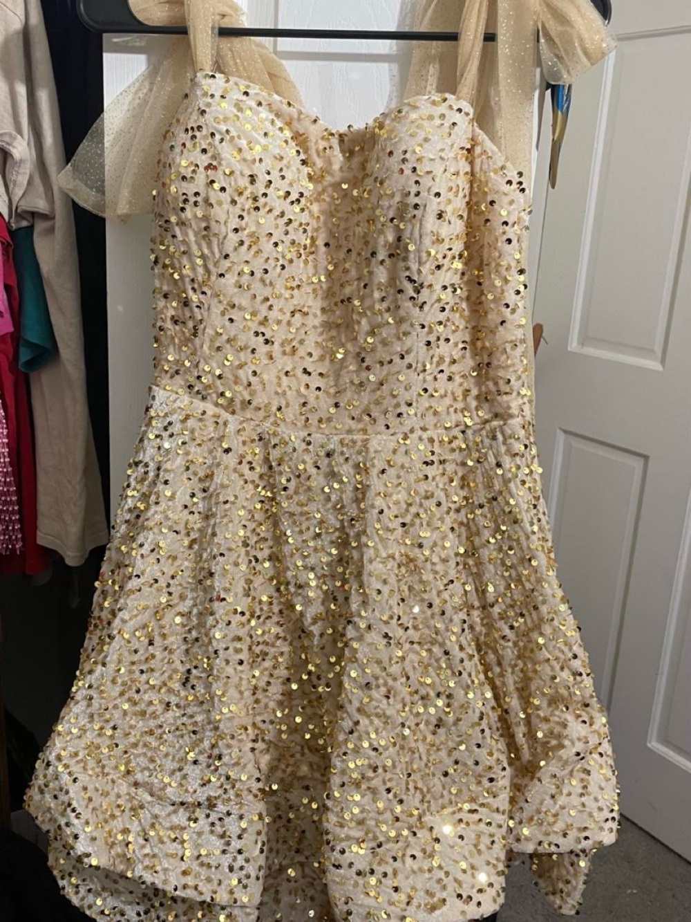 Sparkling Champagne Sequin Maxi Dress with Tulle Shoulder Ties